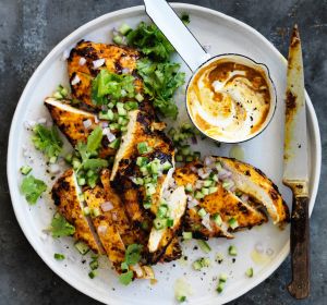 Adam Liaw's kari-kari chicken with spiced yoghurt.