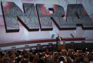 President Donald Trump speaks during the National Rifle Association-ILA Leadership Forum, Friday, April 28, 2017, in Atlanta. The NRA is holding its 146th annual meetings and exhibits forum at the Georgia World Congress Center. (AP Photo/Mike Stewart)