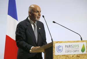 Afghanistan's President Mohammad Ashraf Ghani addresses world leaders at the COP21, United Nations Climate Change Conference, in Le Bourget, outside Paris, Monday, Nov. 30, 2015.