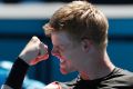 Britain's Kyle Edmund celebrates after defeating Georgia's Nikoloz Basilashvili. 