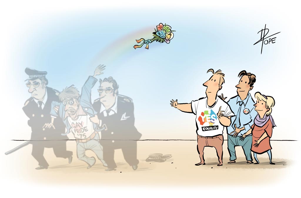 Cartoon: gay rights activists from the 1970s pass the baton