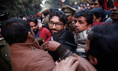 Jignesh Mevani, centre, an elected lawmaker who hails from the Dalit community, leaves after attending a rally in Delhi on January 9, which organizers said was held to demand the release of Chandrashekher Azad, founder of the pro-Dalit Bhim Army. Photo: Reuters/ Adnan Abidi