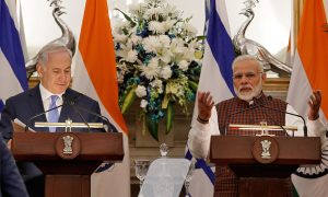 Indian Prime Minister Narendra Modi speaks as his Israeli counterpart Benjamin Netanyahu looks on during a signing ceremony at Hyderabad House in New Delhi on January 15, 2018. Photo: Reuters / Adnan Abidi