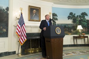 File - President Donald J. Trump delivers remarks on the Iran Strategy in the Diplomatic Reception Room at the White House, Friday, October 13, 2017. In Washington, D.C.