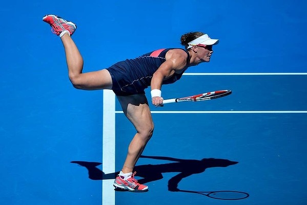 Aussie Samantha Stosur in action on Rod Laver Arena against Jie Zheng, China.