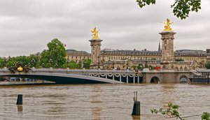 Seine flooded on June 3 in the morning, at the Alexandre III bridge, Paris, France