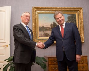 Secretary of Defense Jim Mattis meets with Finland's President Sauli Niinisto at the Presidential Palace in Helsinki, Finland, Nov. 6, 2017