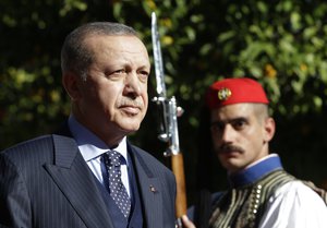 President Recep Tayyip Erdogan during the welcome ceremony in Athens, Thursday, Dec. 7, 2017.