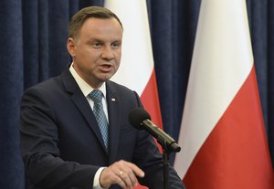 Polish President Andrzej Duda makes a statement in Warsaw, Poland, Monday, July 24, 2017. Duda announced that he will veto two contentious bills widely seen as assaults on the independence of the judicial system.