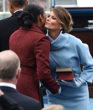 Melania Trump kisses Michelle Obama on Capitol Hill in Washington on President Donald Trump's Inauguration Day.