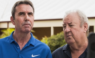 Peter Collier and John McGrath talk to the media at Rottnest after the post-retreat ‘shove.’