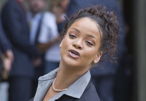 Singer Rihanna she speaks to reporter after a meeting with French President Emmanuel Macron at the Elysee Palace to meet French President Emmanuel Macron in Paris, France