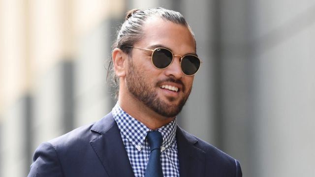 Karmichael Hunt arriving at court on Monday. One of the drugs charges had been dropped by Friday.