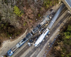 The site of an early morning train crash between an Amtrak train, bottom right, and a CSX freight train, top left, in Cayce, SC.