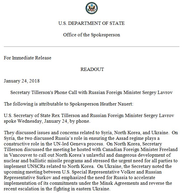 A readout of Secretary Tillerson's Phone Call with Russian Foreign Minister Sergey Lavrov on January 24, 2018.