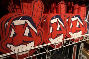 Foam Chief Wahoos line the shelf at the Cleveland Indians team shop, Monday, Jan. 29, 2018, in Cleveland.