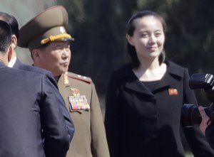 In this April 13, 2017, photo, Kim Yo Jong, right, sister of North Korean leader Kim Jong Un, is pictured during the official opening of the Ryomyong residential area, a collection of more than a dozen apartment buildings, in Pyongyang, North Korea.