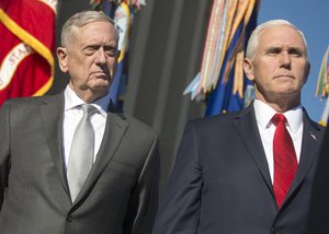 Secretary of Defense Jim Mattis and Vice President Mike Pence listen to President Donald Trump deliver remarks to the press Jan. 18, 2018, at the Pentagon in Washington, D.C., US