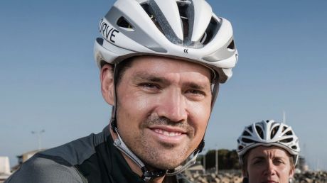 Race organiser and racer Jesse Carlsson (left) before the start of the Indian Pacific Wheel Race last year, with fellow ...