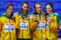 From left: Australia's Bronte Campbell, Emma McKeon, Taylor McKeown and Emily Seebohm show off their bronze medals for ...