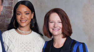 Global Citizen founder Hugh Evans, Rihanna and Julia Gillard at the Global Citizen Festival in 2016.