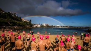 Competitors at Shelly Beach before the start of the 1km swim in the Cole Classic. 