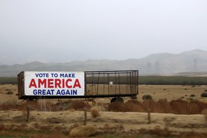 A banner in California spelling out "Vote To Make America Great Again", a remnant of Donald Trump's successful presidential campaign in 20 November 2016.