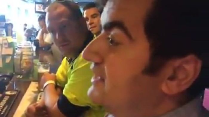 Labor senator Sam Dastyari is abused by a group of men in a Melbourne pub