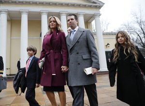 DonaldTrump Jr., wife Vanessa Trump, and their children Donald Trump III, left, and Kai Trump, right, walk out together after attending church service at St. John's Episcopal Church across from the White House in Washington, Friday, Jan. 20, 2017.