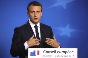 French President Emmanuel Macron speaks during a media conference at an EU summit in Brussels on Thursday, June 22, 2017.