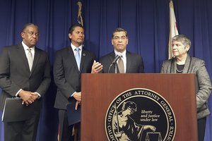 California Attorney General Xavier Becerra, at podium, is joined by, from left, Loren J. Blanchard, California State University Executive Vice Chancellor for Academic and Student Affairs; Eloy Ortiz Oakley, California Community Colleges Chancellor; and Janet Napolitano, University of California President at a news conference in Sacramento. Becerra is concerned about open-ended immigration sweeps as he and other California officials say the Trump administration should concentrate on deporting dangerous felons. Immigration officials declined to comment on any specific operations, but Democratic U.S. Sens. Dianne Feinstein and Kamala Harris asked for details and called raids punishing Californians “an abhorrent abuse of power” and waste of resources. (AP Photo/Don Thompson)