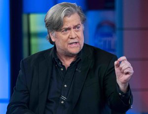 Former White House strategist Steve Bannon takes part in an interview with host Sean Hannity on the set of Fox News Channel's Hannity in New York, Monday, Oct 9, 2017. (AP Photo/Craig Ruttle)