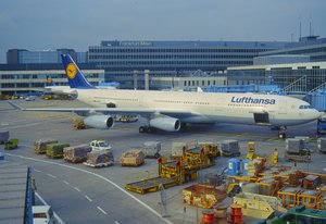 File - A Lufthansa Airbus A340 at Frankfurt airport, Germany.