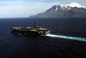 Constellation near the Aleutian Islands during PACEX '89. A 14-month major overhaul and upgrade at Puget Sound Naval Shipyard, Wash., commenced in February 1974, during which Constellation was modified to reflect the Navy's new multipurpose air, surface and antisubmarine warfare role for carriers.