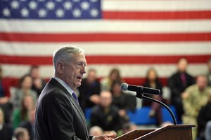 Defense Secretary James N. Mattis speaks to military and civilian personnel during a town hall meeting at U.S. European Command in Stuttgart, Germany, Feb. 15, 2018