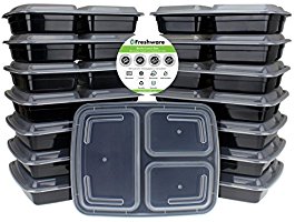 Freshware Meal Prep Containers [15 Pack] 3 Compartment with Lids, Food Containers, Lunch Box | BPA Free | Stackable | Bento Box, Microwave/Dishwasher/Freezer Safe, Portion Control, 21 day fix (32 oz)