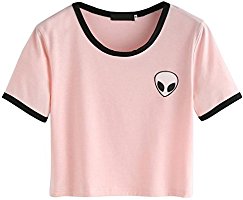 Froomer Women Short Sleeves Crop T-Shirt Top Aliens Printed Short Tops (Asian L, Pink)