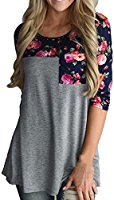 Froomer Women Floral Prints 3/4 Sleeves Pocket Paneled T-Shirt