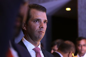 The eldest son of U.S. President Donald Trump, Donald Trump Jr. arrives for a meeting with journalists in Kolkata, India, Wednesday, Feb. 21, 2018.