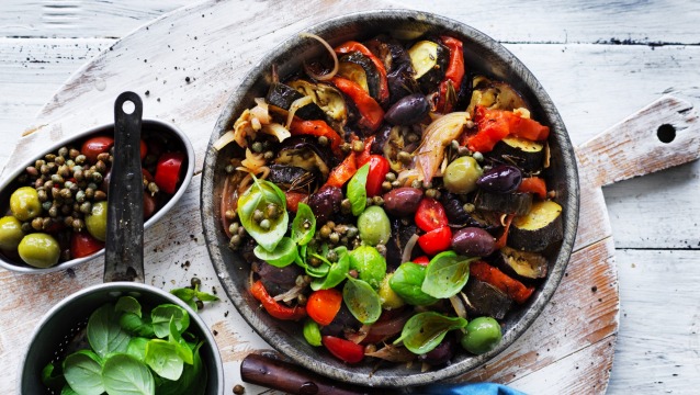 Ratatouille salad with olives and basil.