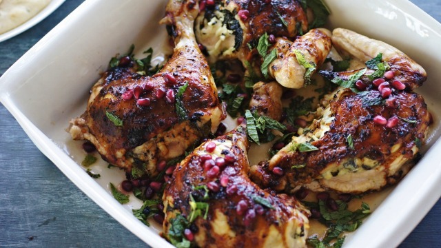 Roast chicken with haloumi stuffing.