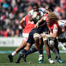 epa06559925 Isi Naisarani (L) of the Brumbies in action against Willie Britz (C) of the Sunwolves during the Round 2 Super Rugby match between Japan's Sunwolves and Australia's Brumbies at Prince Chichibu Memorial Stadium in Tokyo, Japan, 24 February 2018. EPA/KIYOSHI OTA brumbies v sunwolves