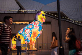 Song Ling's Dog lantern outside the Sydney Opera House for Chinese New Year.