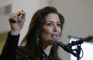 In this March 25, 2017 photo, Oakland Mayor Libby Schaaf gestures during a rally at the Oakland Coliseum in Oakland, Calif.