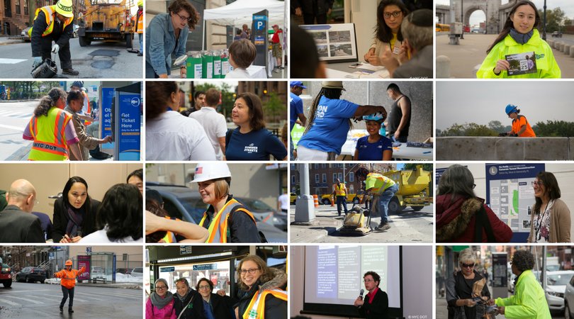 A collage of 16 photos of women doing various jobs at DOT. Some of the photos are outside, some of the people are wearing yellow and orange safety gear and some are speaking at tables.