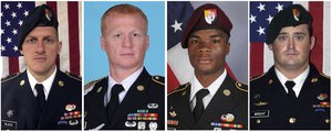 These images provided by the U.S. Army show, from left, Staff Sgt. Bryan C. Black, 35, of Puyallup, Wash.; Staff Sgt. Jeremiah W. Johnson, 39, of Springboro, Ohio; Sgt. La David Johnson of Miami Gardens, Fla.; and Staff Sgt. Dustin M. Wright, 29, of Lyons, Ga.