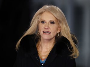 Counselor to President Donald Trump Kellyanne Conway speaks during a television interview with the White House in the background, in Washington, Thursday, Feb. 9, 2017, about the Federal appeals court refusal to reinstate President Donald Trump's travel ban.