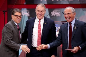 U.S. Secretary of Energy Rick Perry and U.S. Secretary of the Interior Ryan Zinke speaking at the 2018 Conservative Political Action Conference (CPAC) in National Harbor, Maryland, US. 23 February 2018