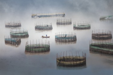 A fisherman rowing out to check on the colourful cages used for crab farming in a fishing village in China.