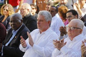 Cuban intellectual and politician Armando Hart Davalos, right, Cuba's Vice President Miguel Diaz-Canel